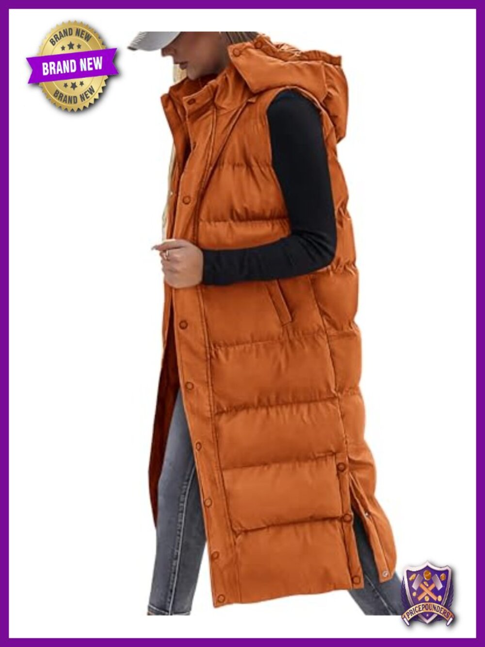 Long quilted puffer vest with hood and button zip front